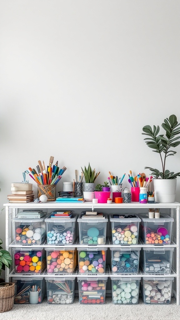 A shelf with clear bins filled with craft supplies, showcasing various colors and items.