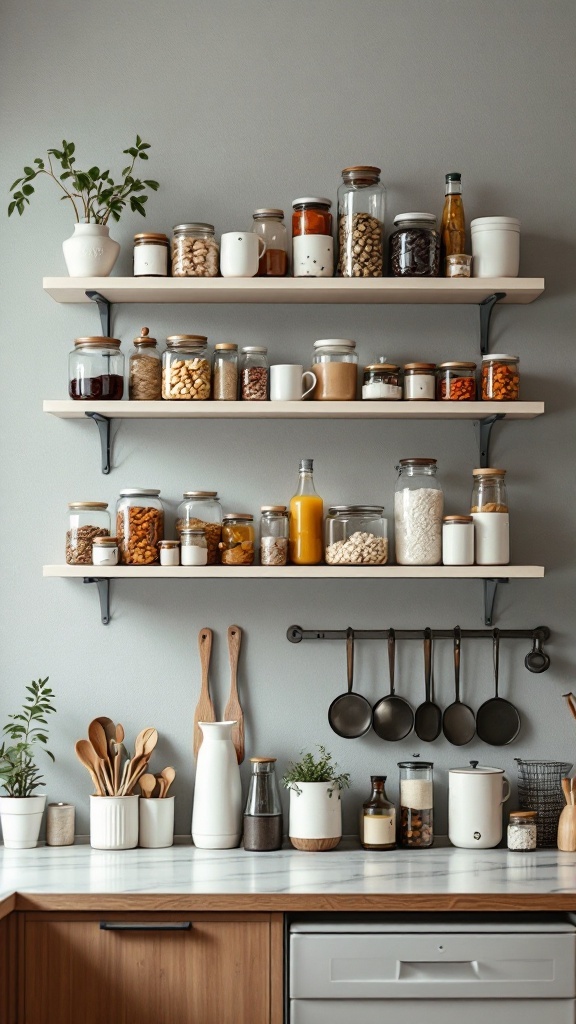 Stylish kitchen shelving with jars and utensils, showcasing an organized pantry setup