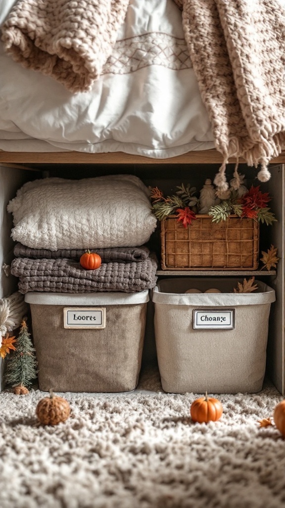 Organized under-bed storage with cozy blankets and labeled bins for seasonal items.