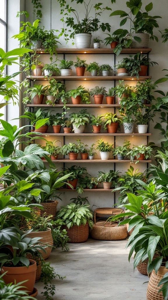 A well-organized vertical garden showcasing various indoor plants on shelves.