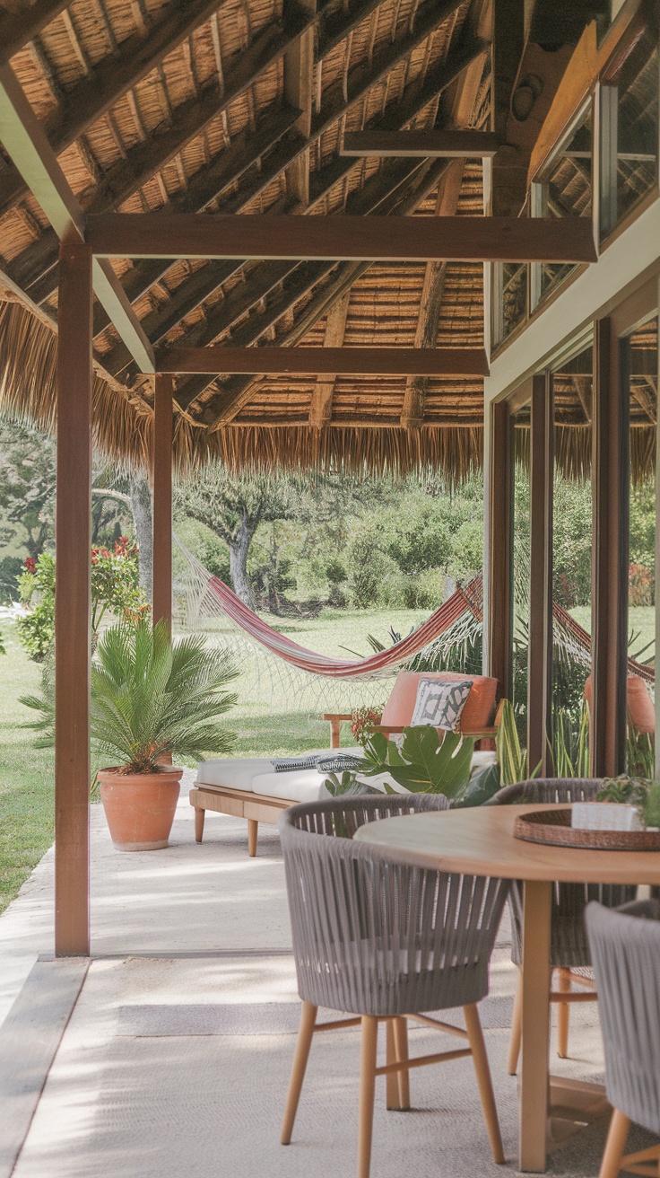 A stylish outdoor area with a hammock, seating, and greenery, ideal for vacation rentals.