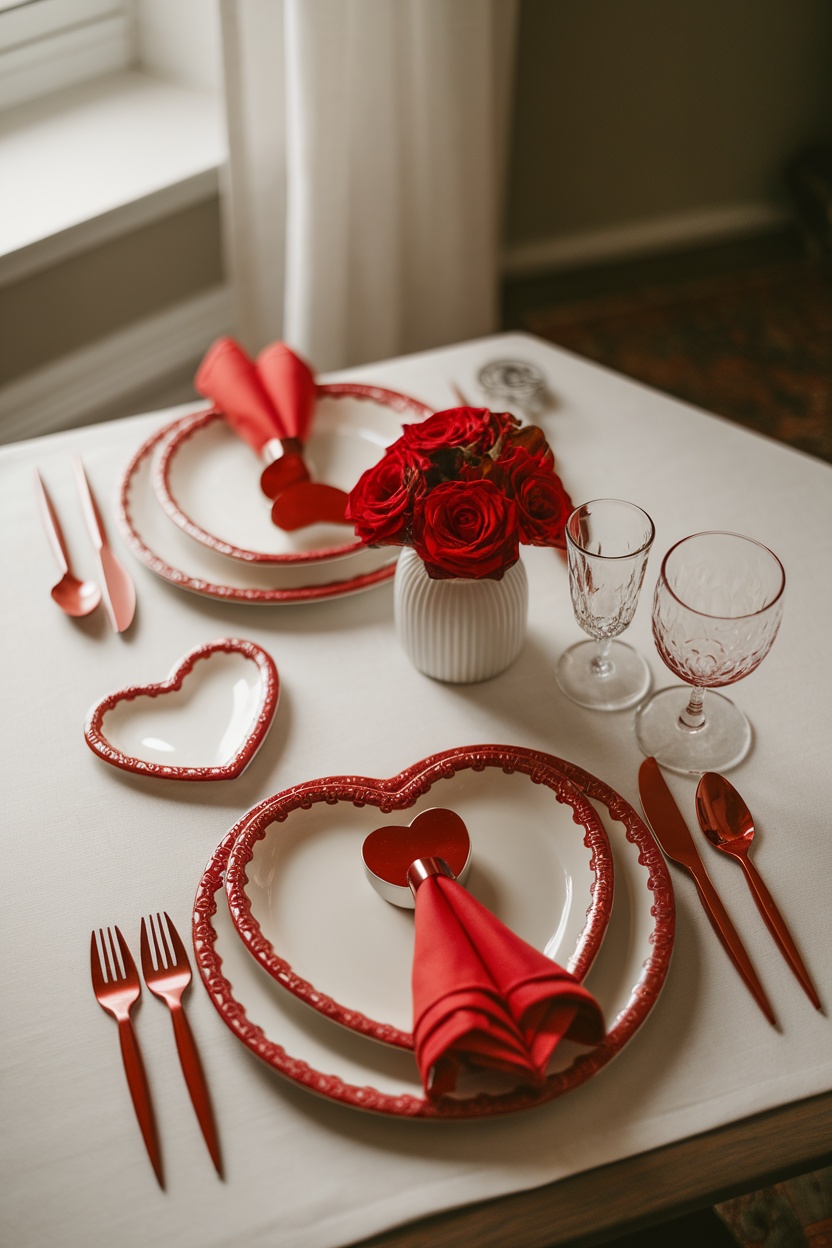 A beautifully set Valentine's Day table with heart-shaped plates, red roses, and matching cutlery.