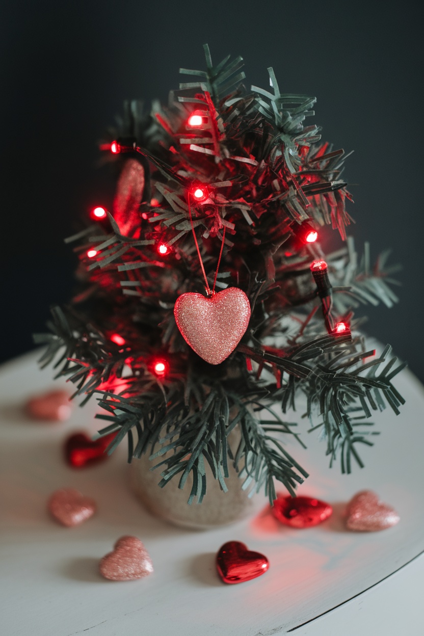 A small decorated tree with red lights and heart ornaments, surrounded by heart-shaped decorations on a table.