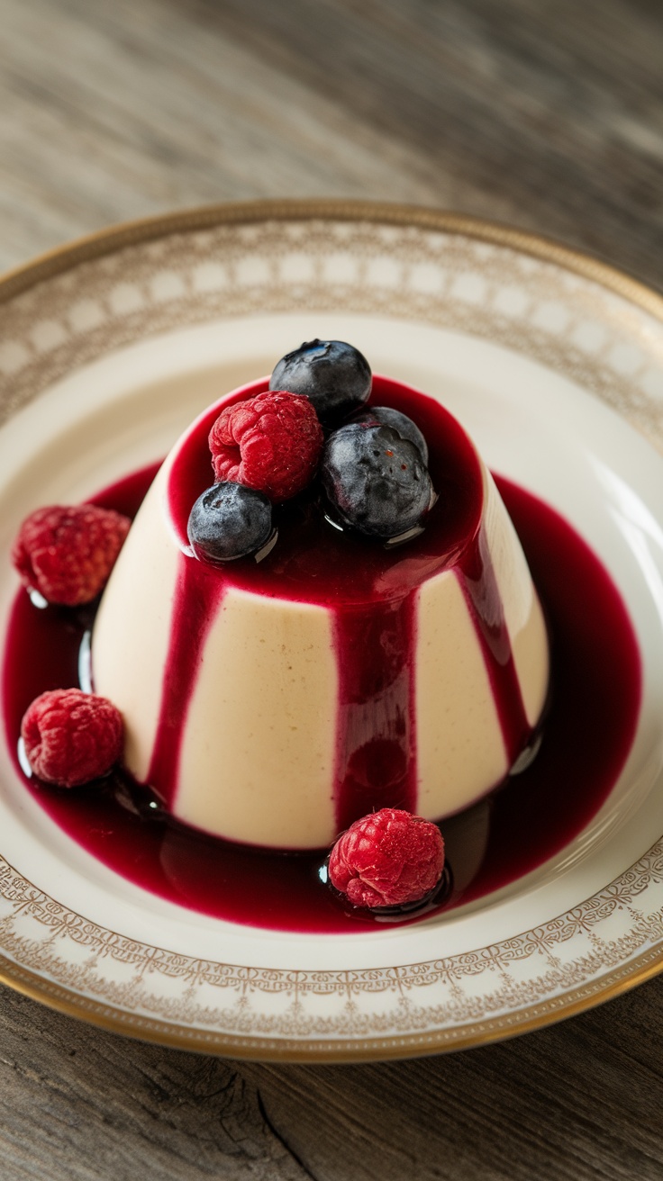 A creamy vanilla panna cotta topped with a vibrant berry sauce and fresh berries.