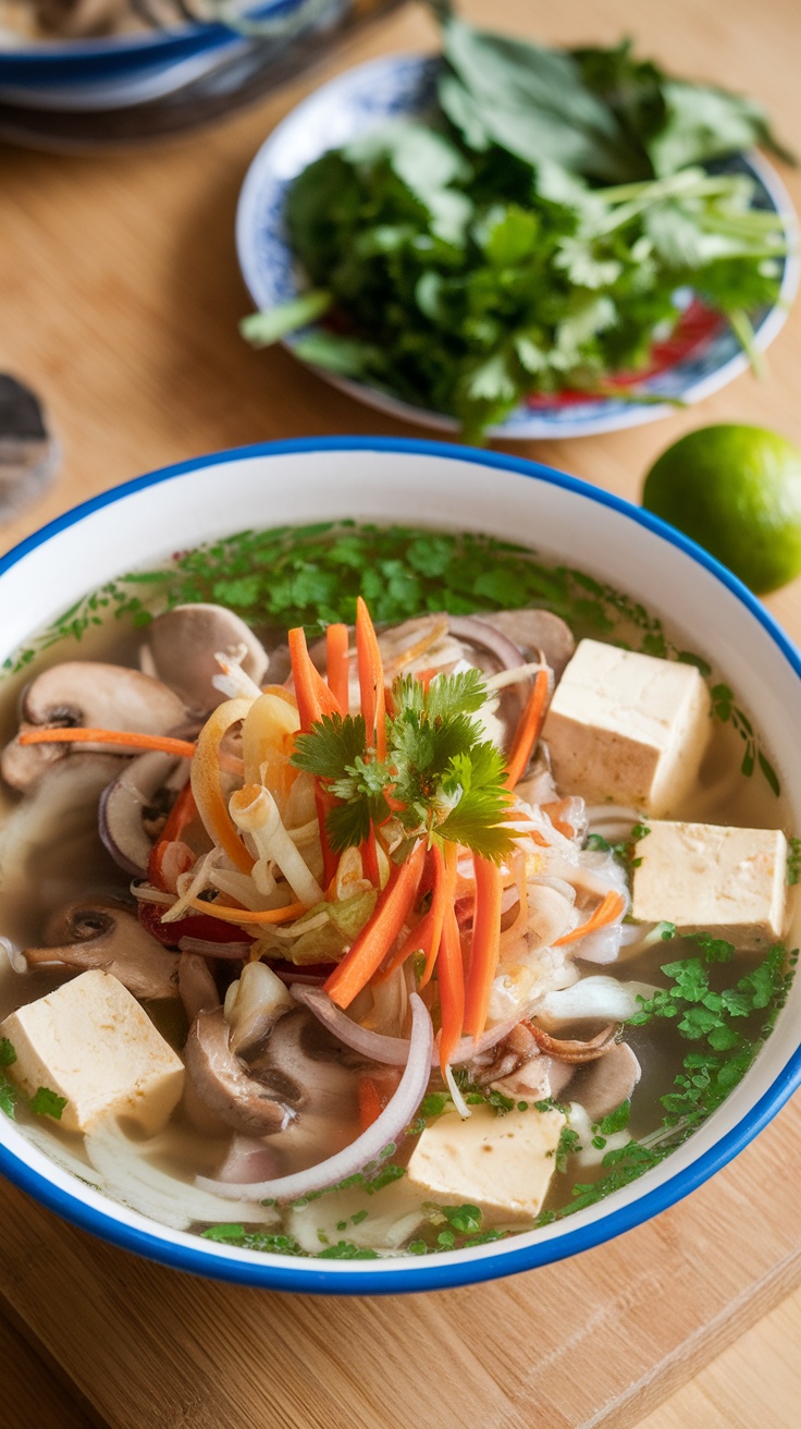 A bowl of vegetable pho with fresh herbs and colorful vegetables.