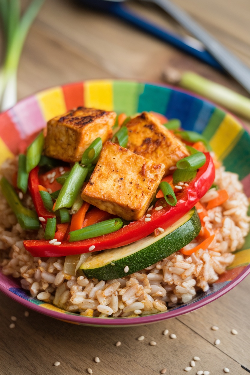 A colorful vegetable stir-fry with tofu served over brown rice.