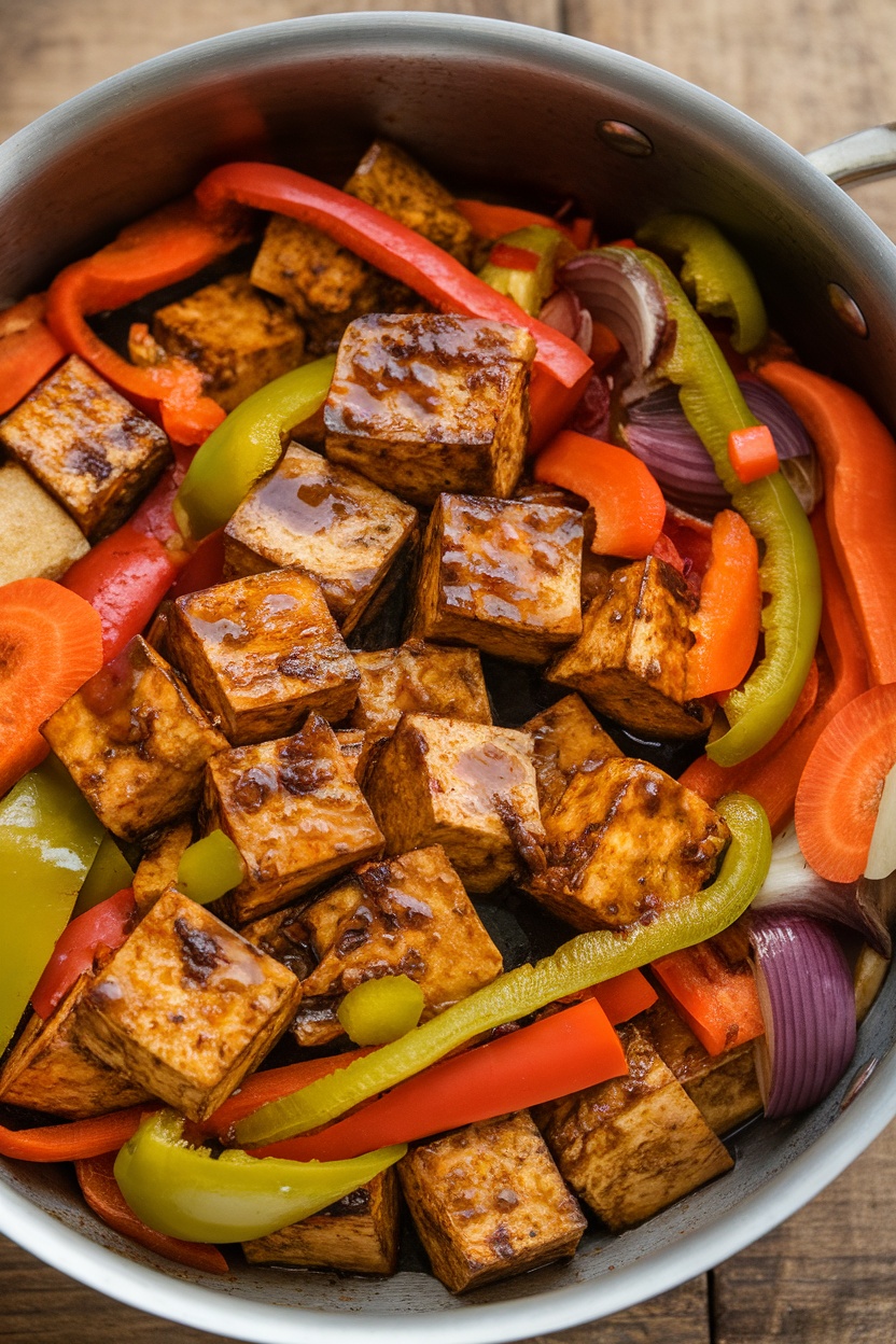 A delicious vegetarian adobo with tofu and colorful vegetables.