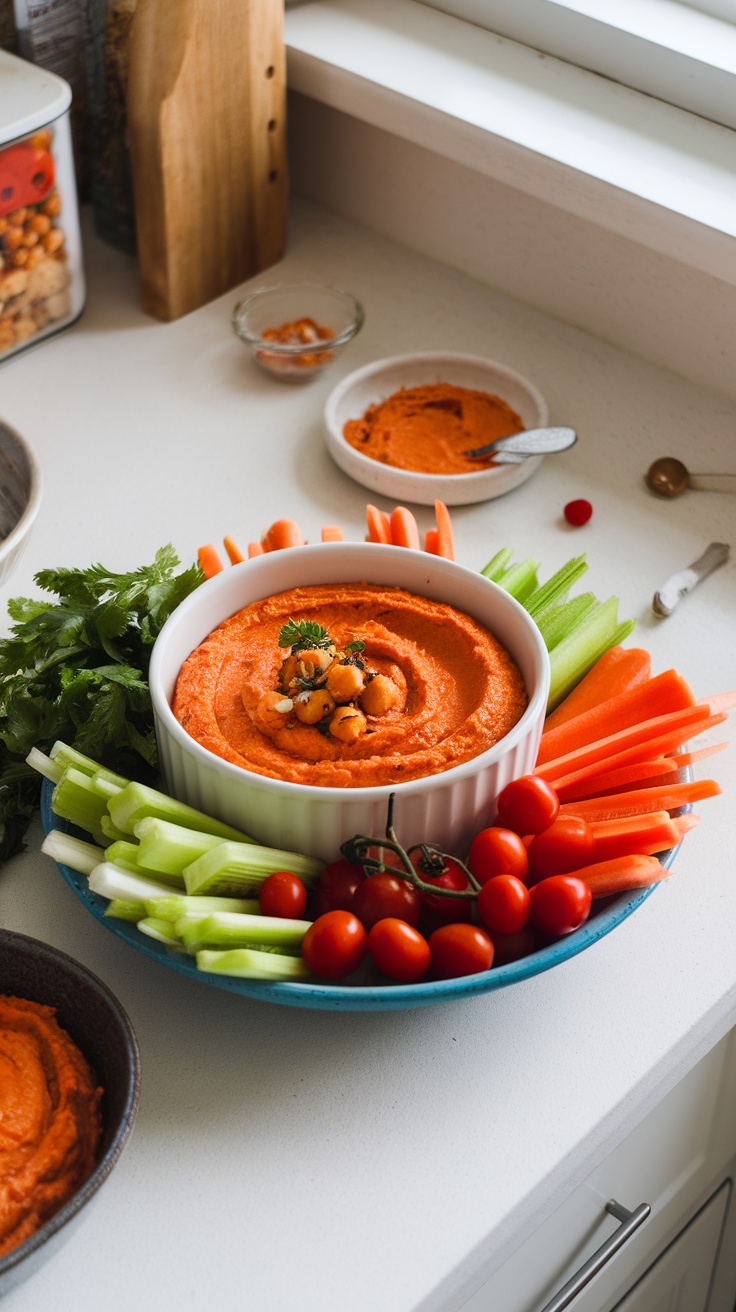 A bowl of vegetarian buffalo chickpea dip served with celery, carrots, and cherry tomatoes