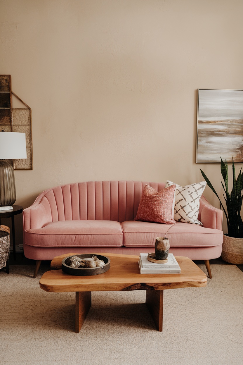 A cozy pink room featuring a velvet upholstered sofa with pillows, a wooden coffee table, and a plant.