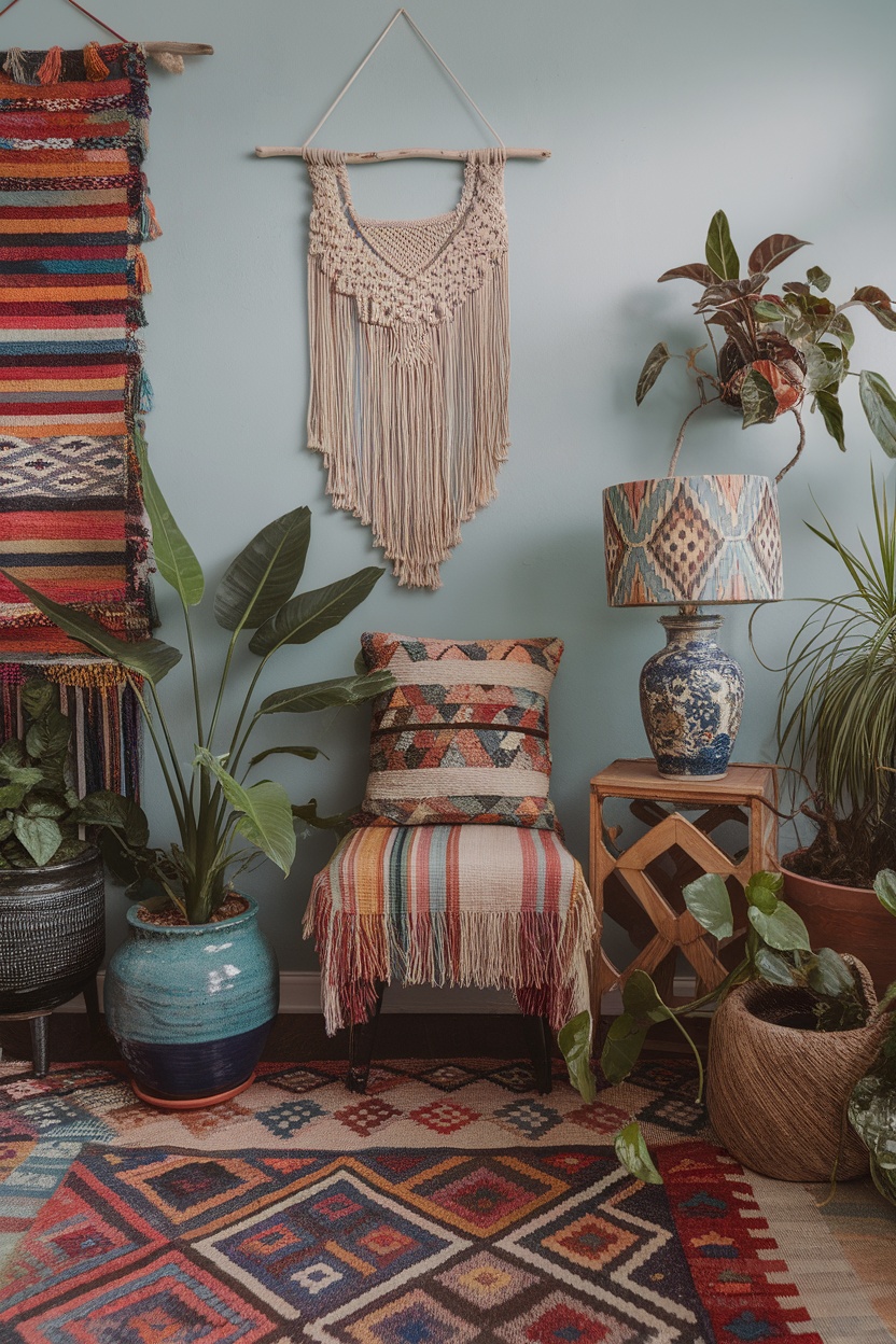 A vibrant bohemian living space featuring colorful decor, plants, and cozy textures.