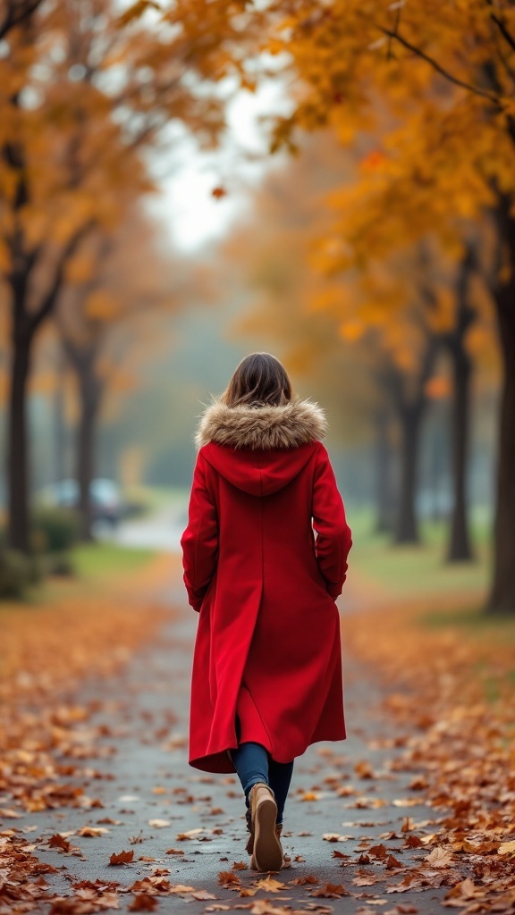 A woman walking down a tree-lined path covered in autumn leaves, wearing a vibrant cherry red coat with a fur-lined hood.