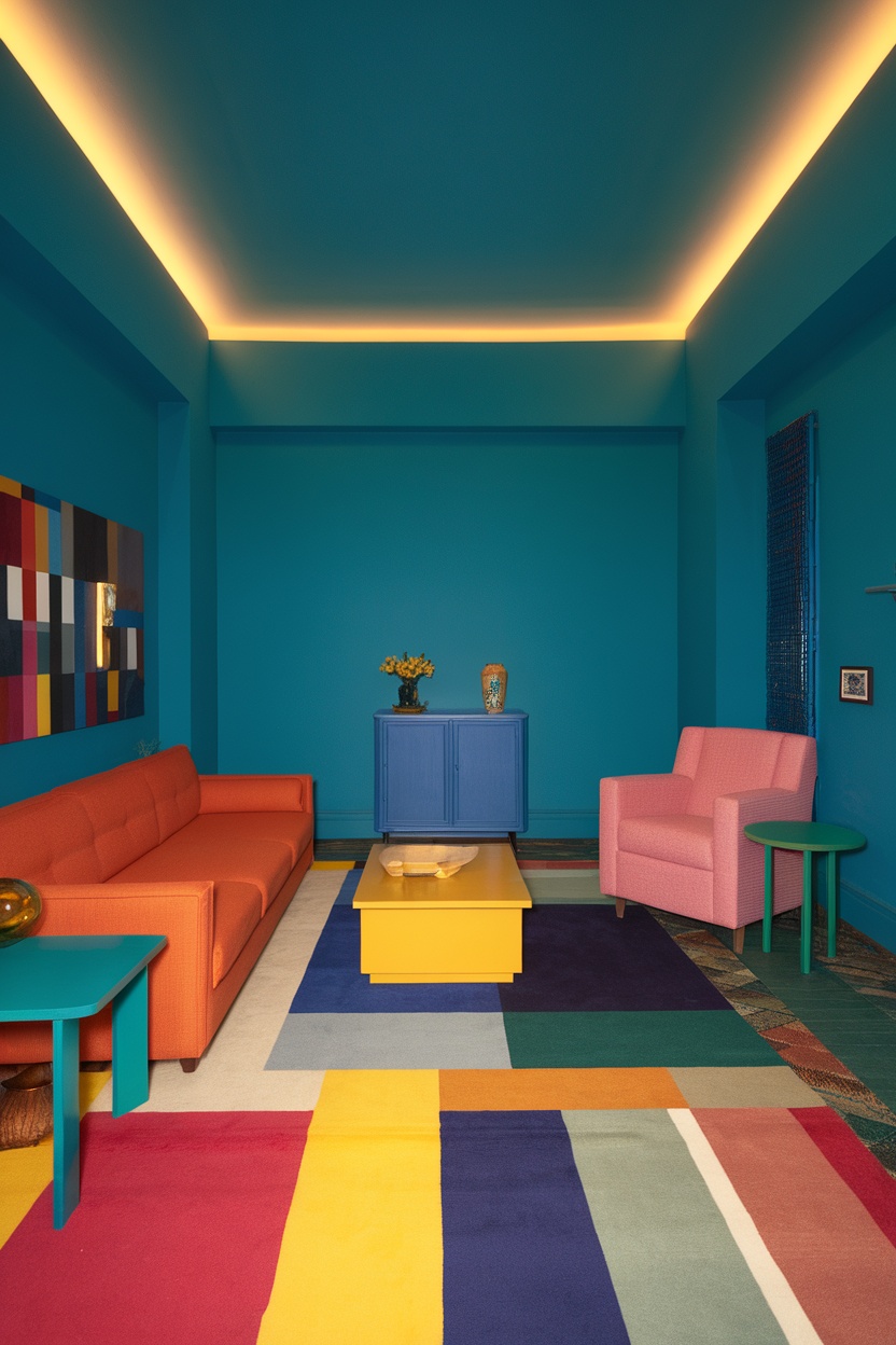 A bold and vibrant living room featuring a bright orange sofa, blue cabinet, pink chair, and colorful rug.