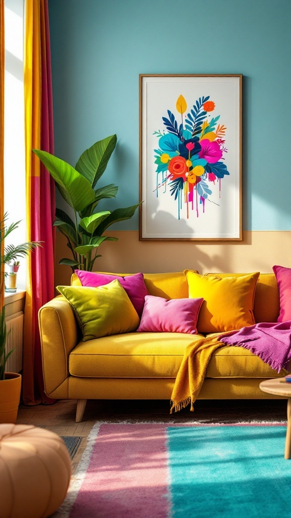 A vibrant maximalist living room featuring a yellow couch with colorful pillows, bright curtains, and lively wall art.