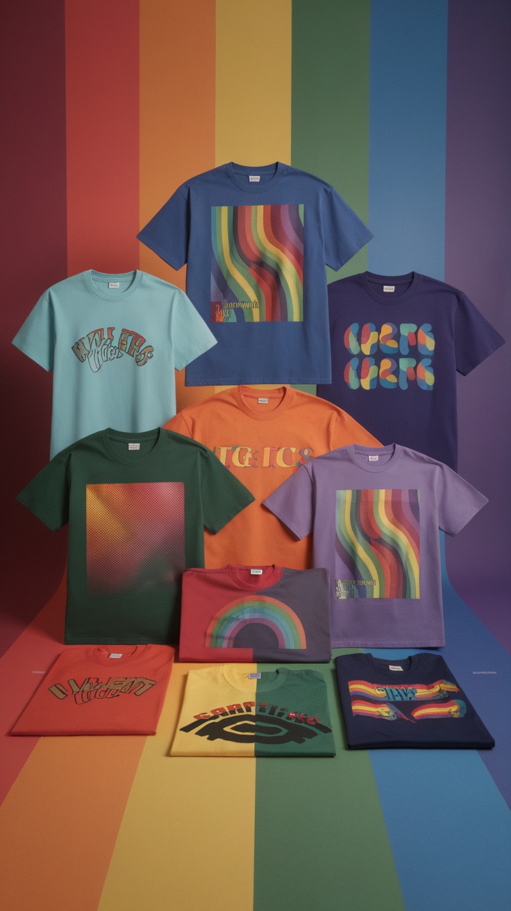 A collection of trendy streetwear t-shirts in vibrant colors displayed against a colorful background.