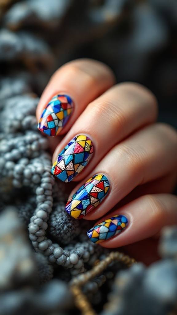 Nail art design featuring colorful mosaic tiles.