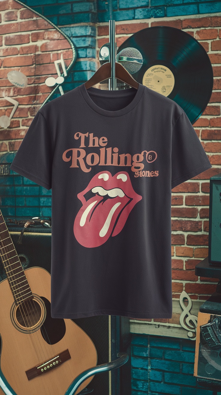 A vintage-inspired t-shirt featuring The Rolling Stones' logo, displayed in a music-themed setting.