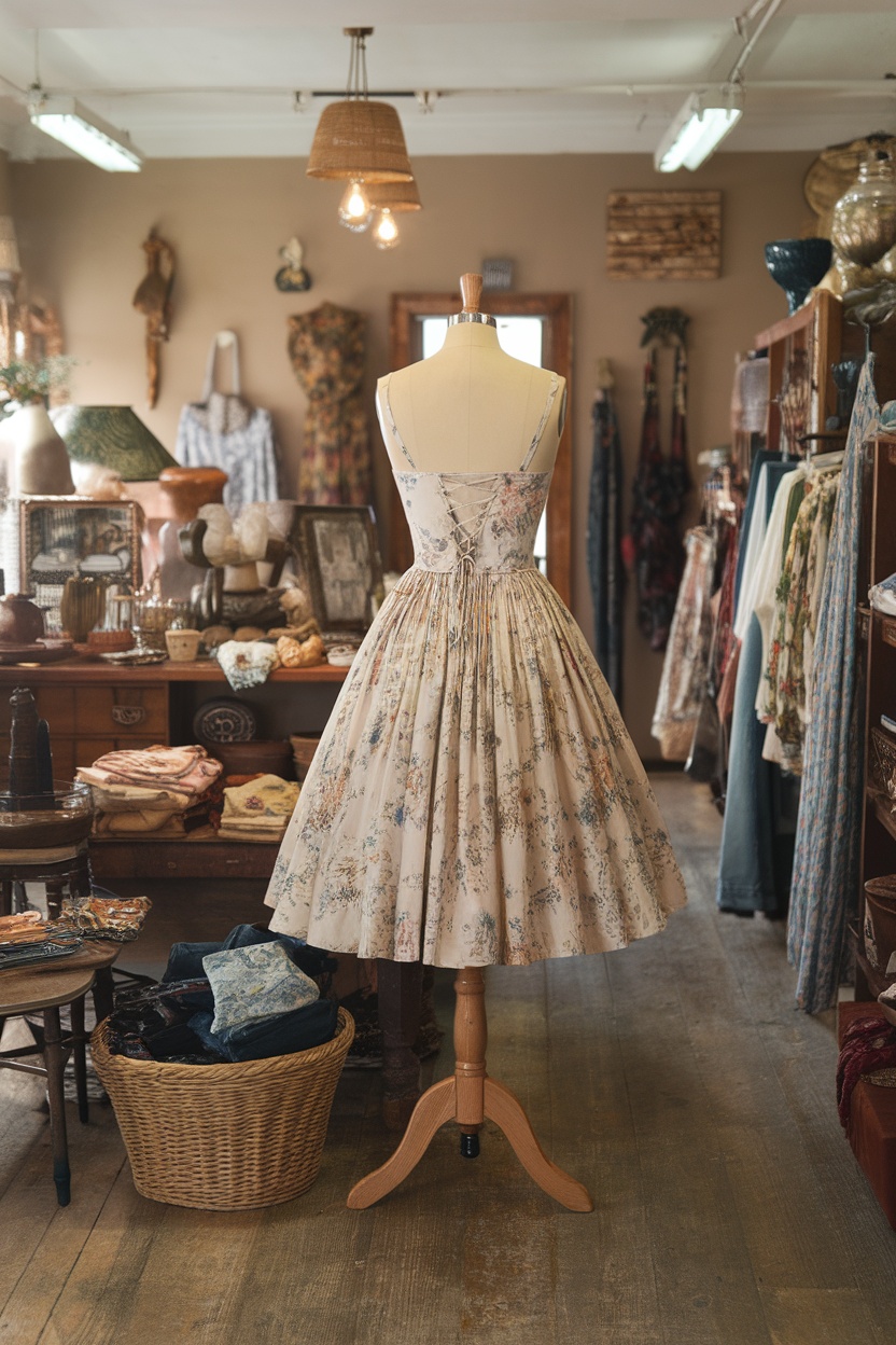 A vintage-inspired floral dress displayed in a charming boutique with retro decor.