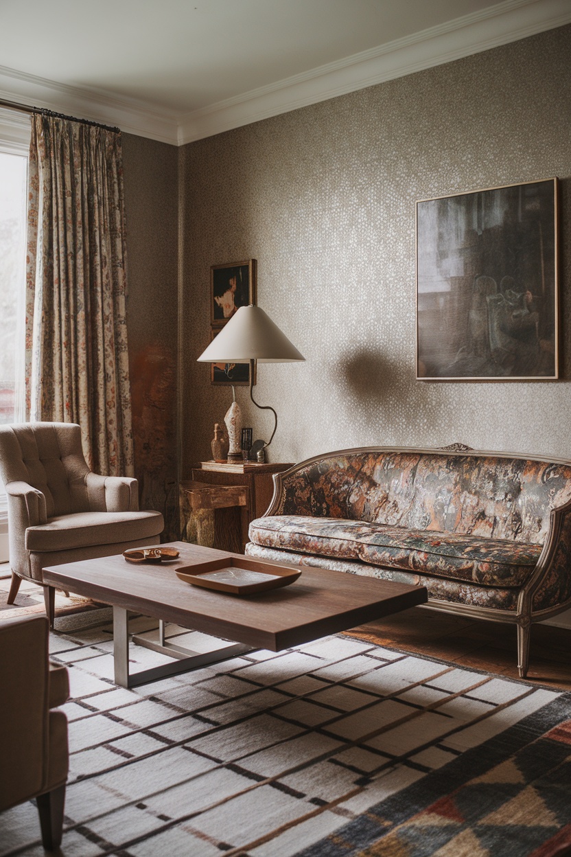 A cozy living room featuring a vintage floral sofa, modern coffee table, and eclectic decor.