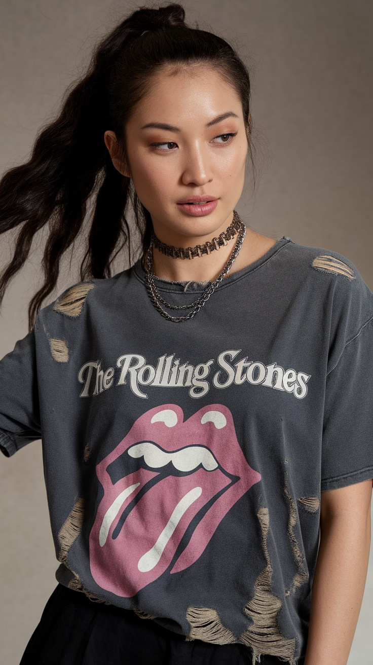 A woman wearing a distressed Rolling Stones vintage band tee with a punk-inspired look.