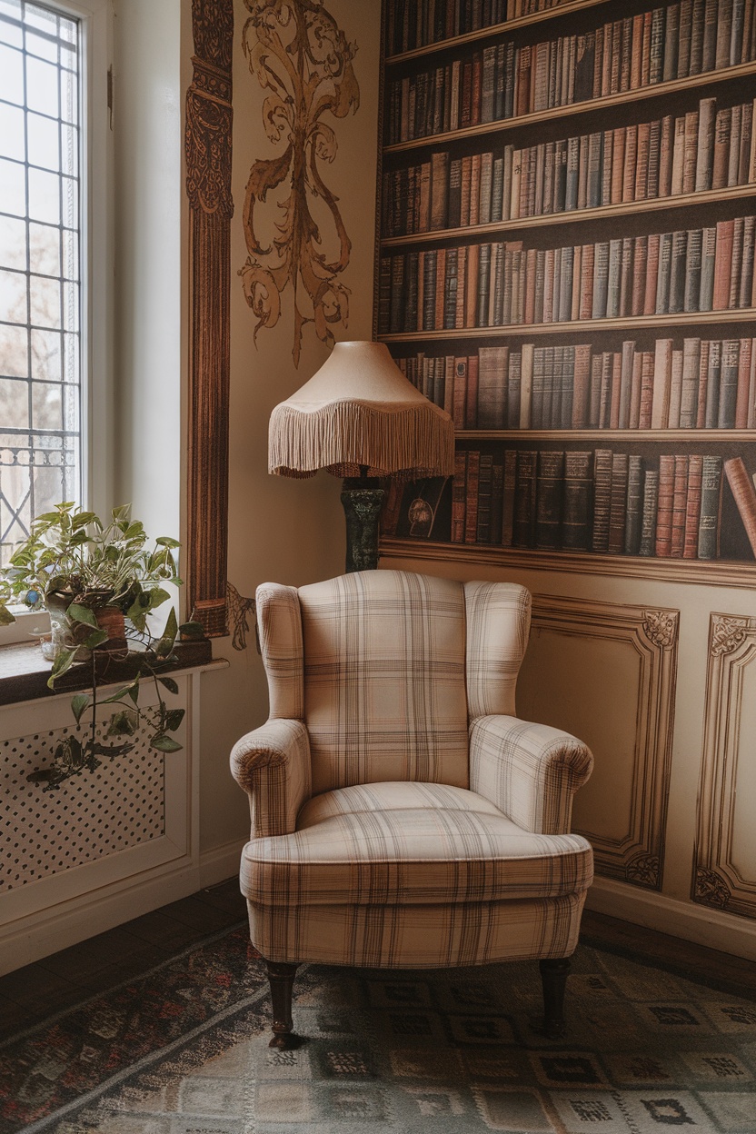 A cozy living room corner featuring a plaid armchair next to a faux library wallpaper, a fringed lamp, and plants.