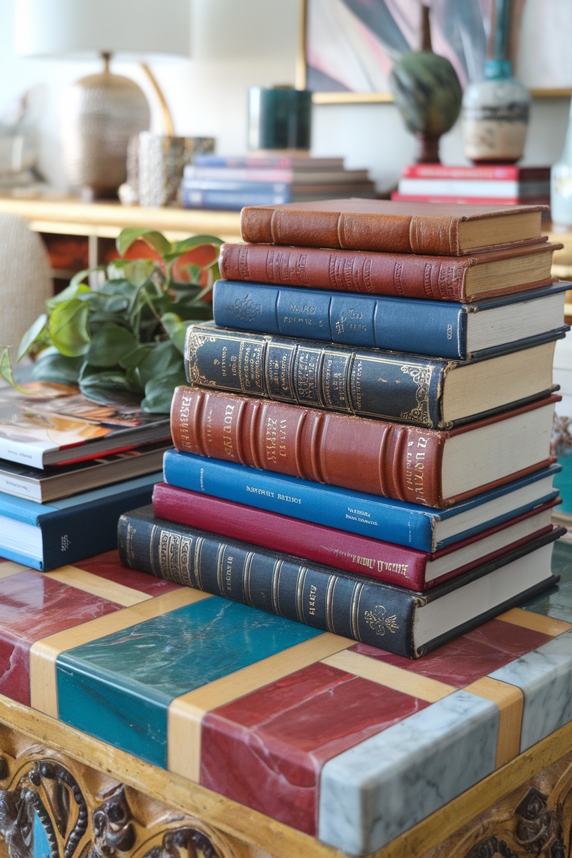 A stack of vintage books with varied colors and textures on a colorful table.