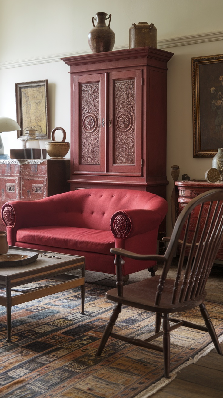A cozy vintage living room featuring a dark cherry red loveseat, a wooden coffee table, and a vintage cabinet with intricate carvings.