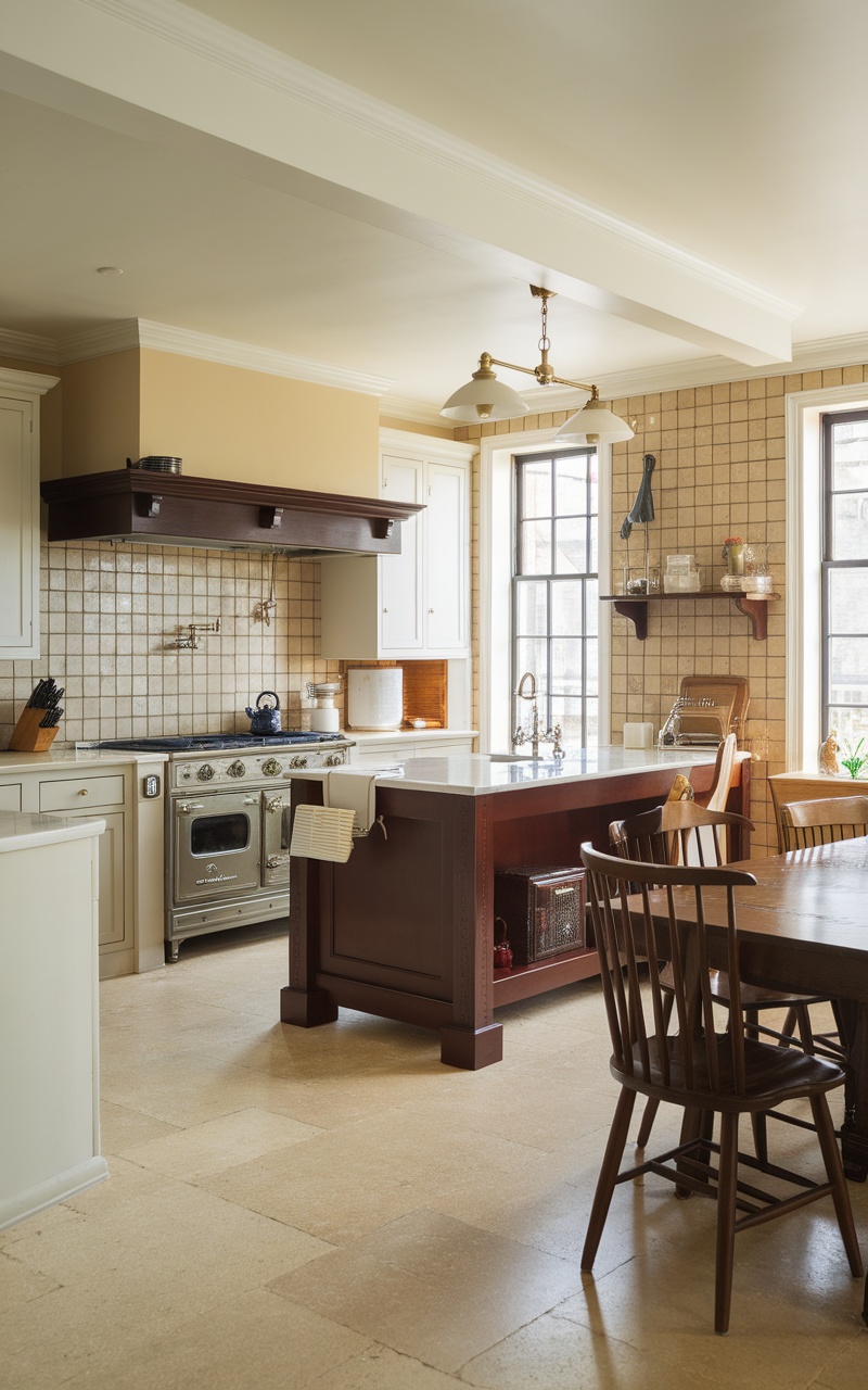 A vintage kitchen featuring dark cherry accents, with a central island and vintage stove.
