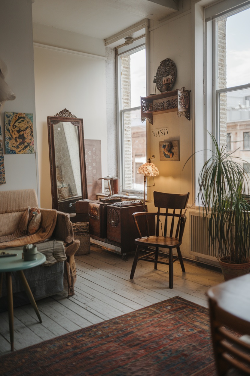 Cozy vintage eclectic living space with a sofa, wooden chair, and decorative elements.