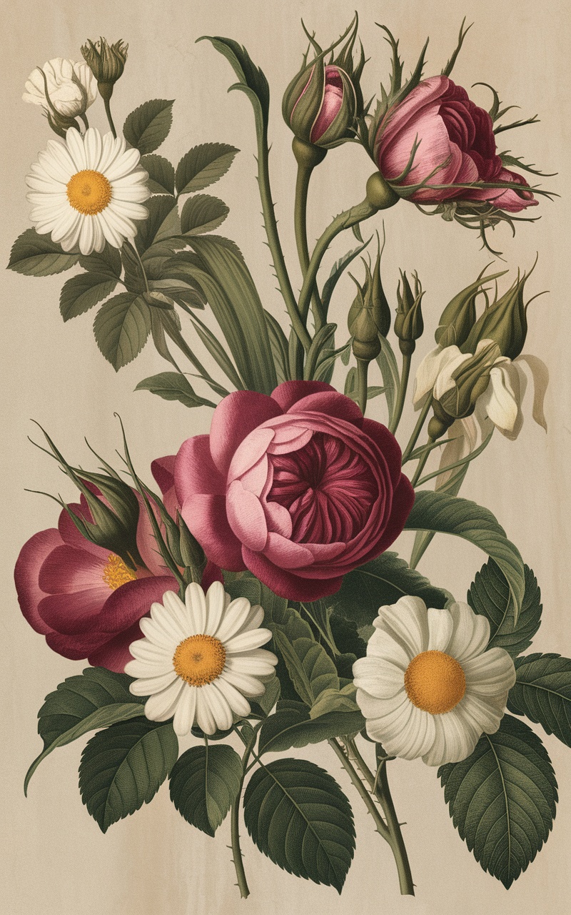 A vintage floral collage featuring roses and daisies on a light background.