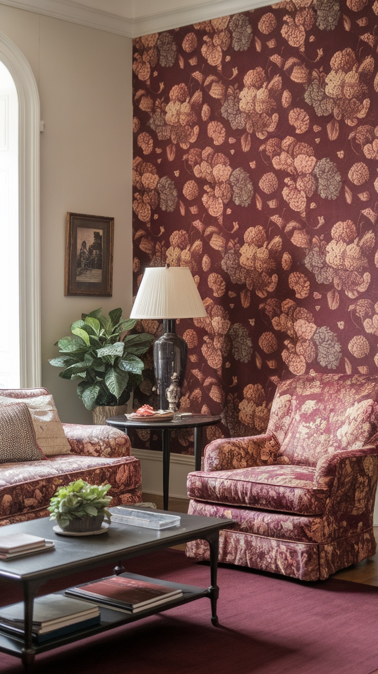 A vintage living room featuring dark cherry red floral wallpaper, matching upholstered furniture, and tasteful decor elements.