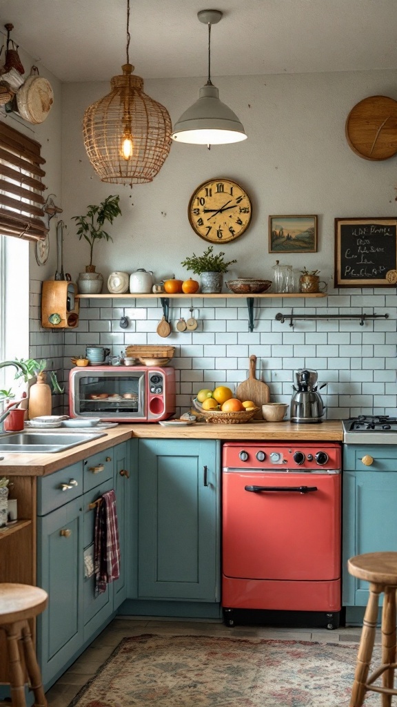 A cozy kitchen with vintage-inspired design featuring blue cabinetry, a red stove, and rustic decor