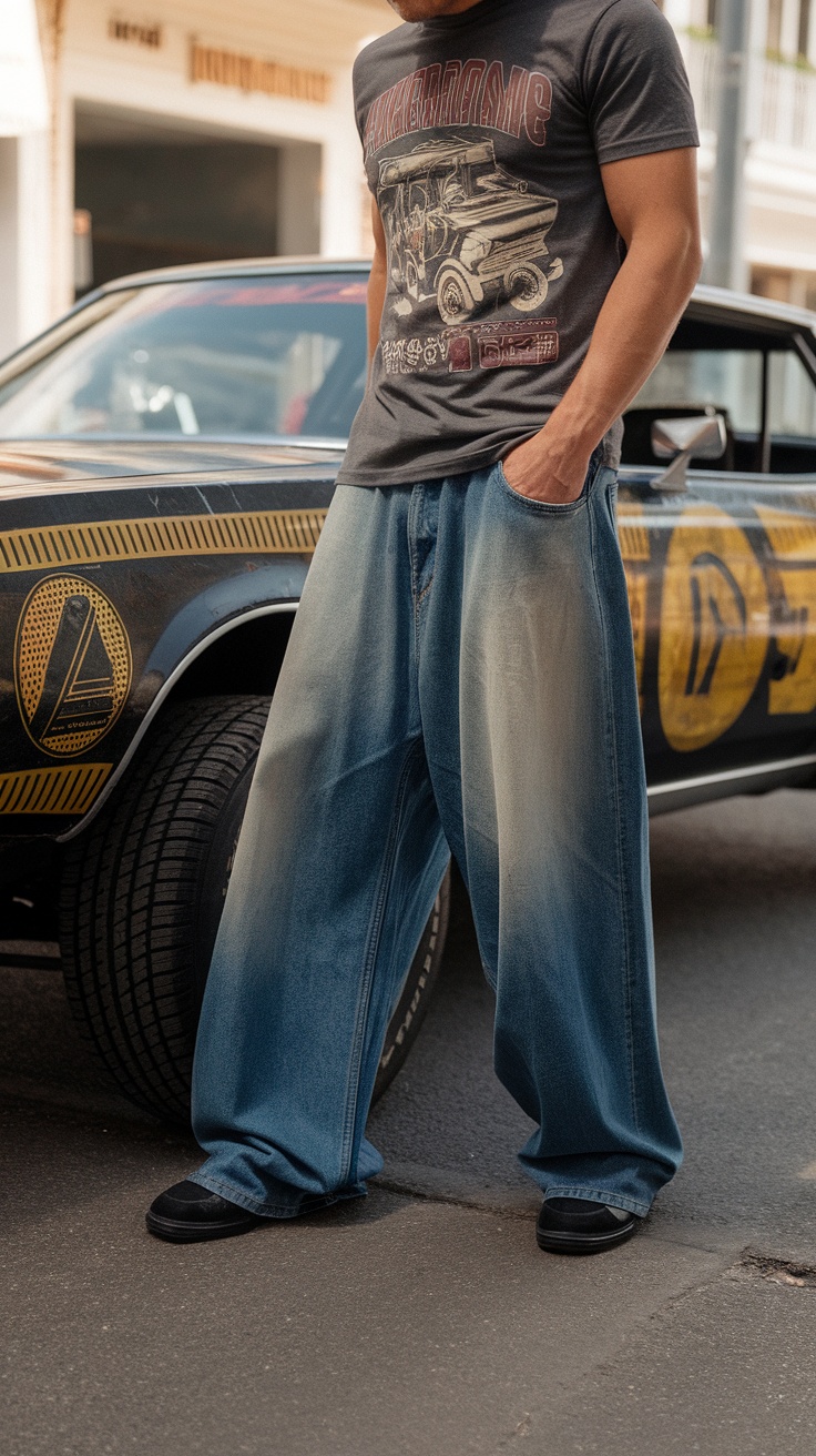 A man wearing a vintage graphic tee and baggy jeans stands next to a classic car.