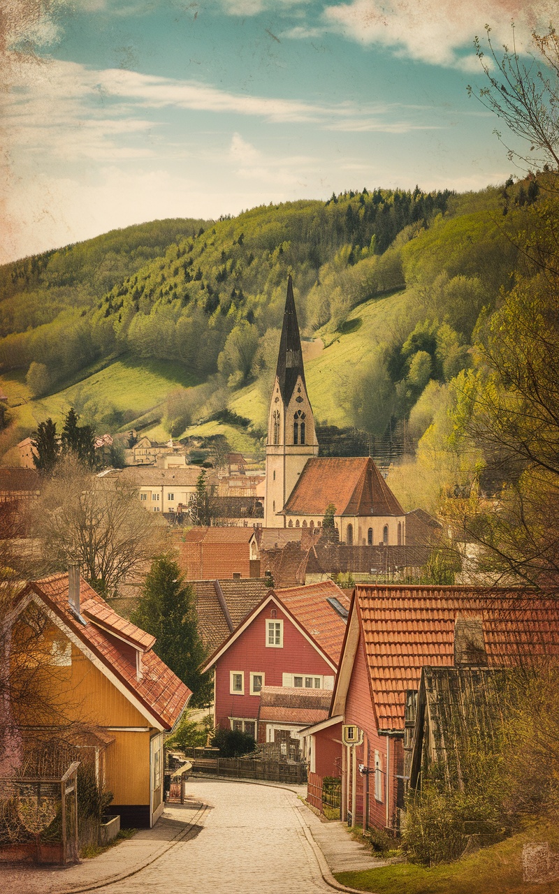 A picturesque village with a church and rolling hills in a vintage style.