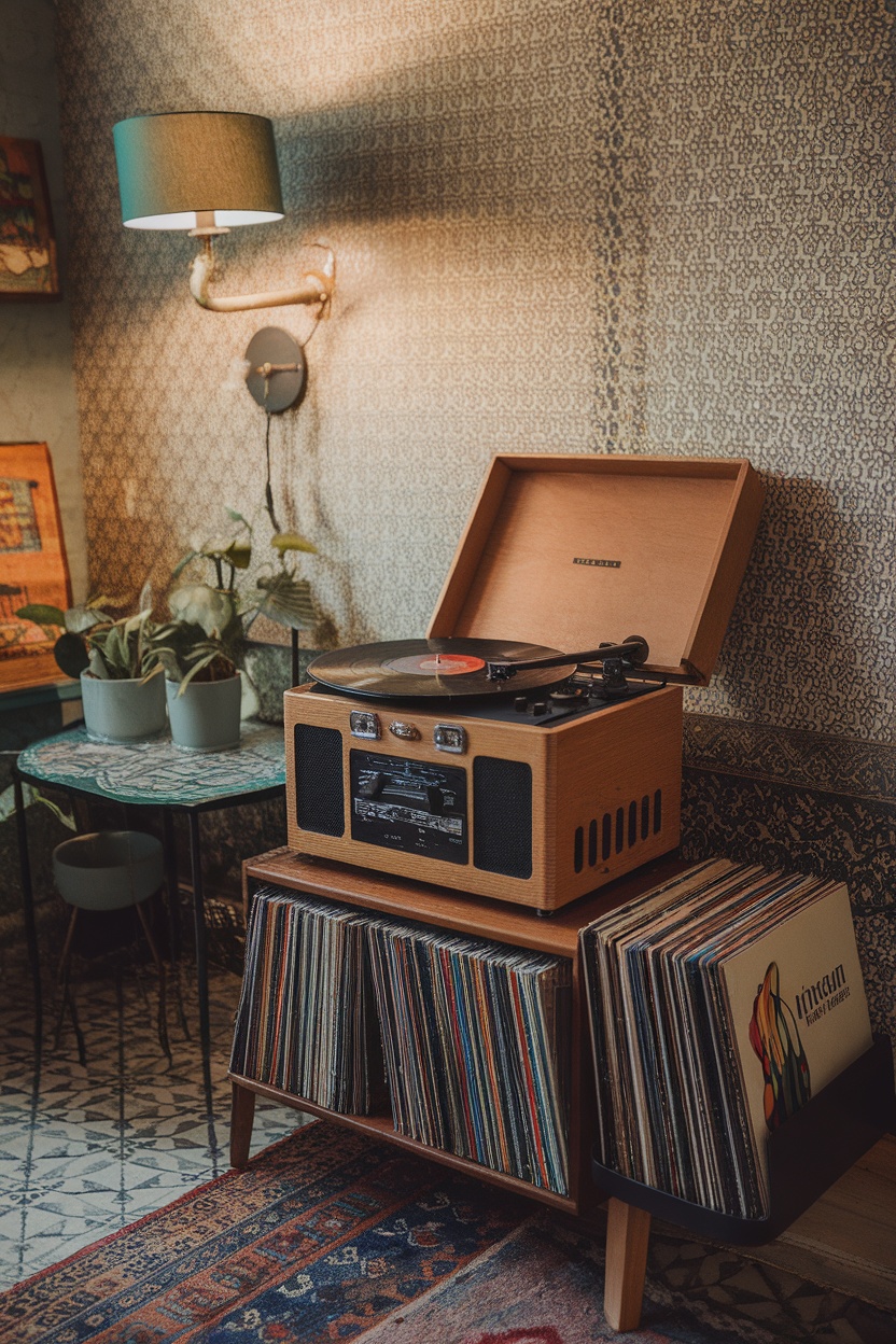 A cozy vintage record player with a collection of vinyl records stacked nearby.