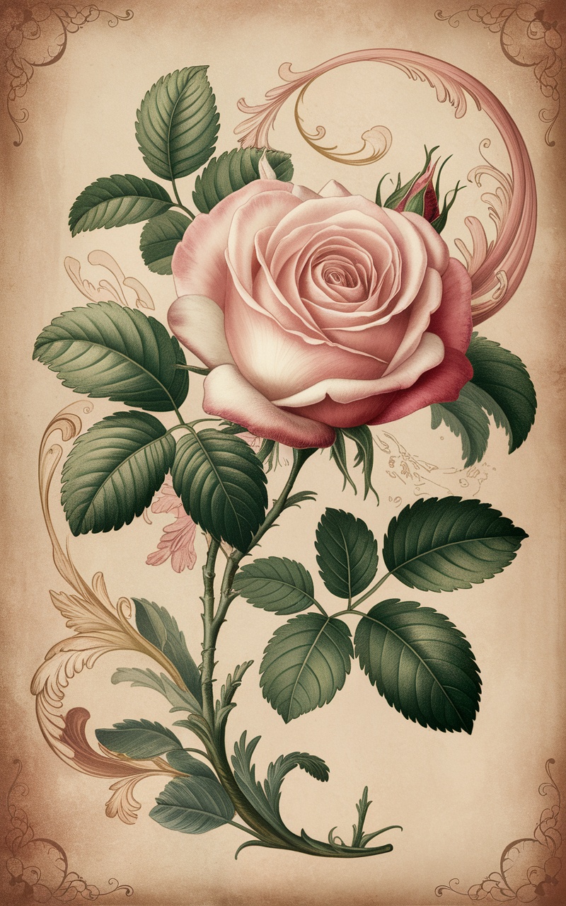 A beautiful arrangement of vintage roses in shades of pink and red, with lush green leaves.