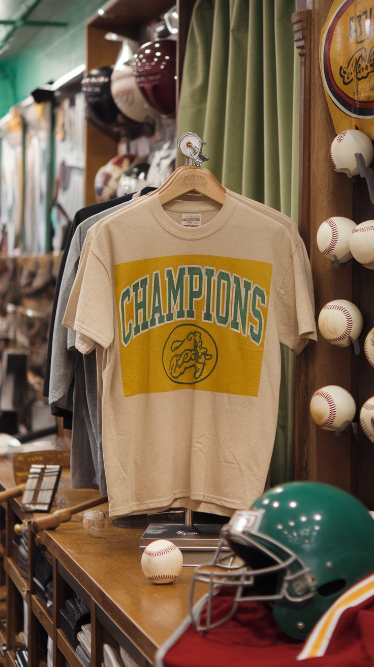 Vintage sports t-shirt displaying 'CHAMPIONS' design, hanging in a store with sports memorabilia.
