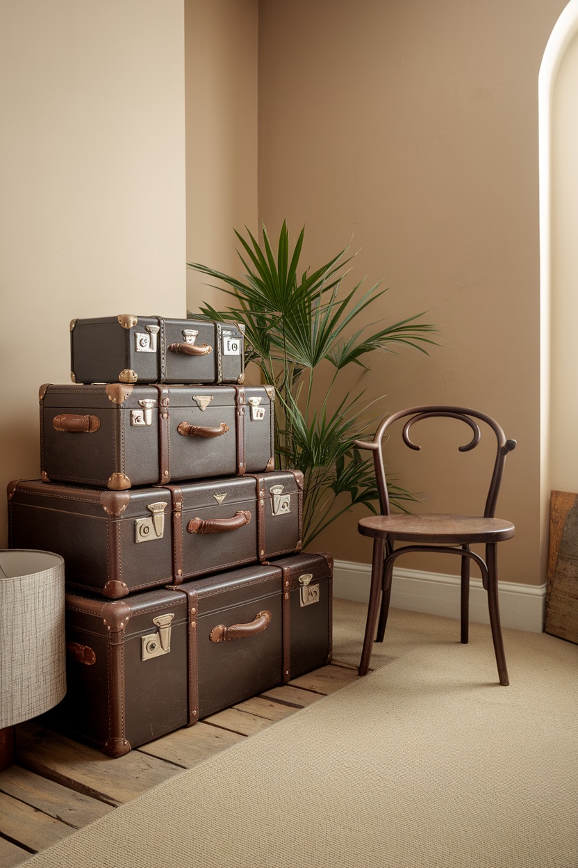 A stylish arrangement of vintage suitcases stacked in a living space with a chair and a plant.