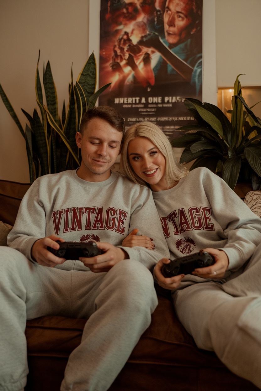 Couple wearing matching vintage sweatshirts and jogger pants, playing video games on a couch with a plant and movie poster in the background.