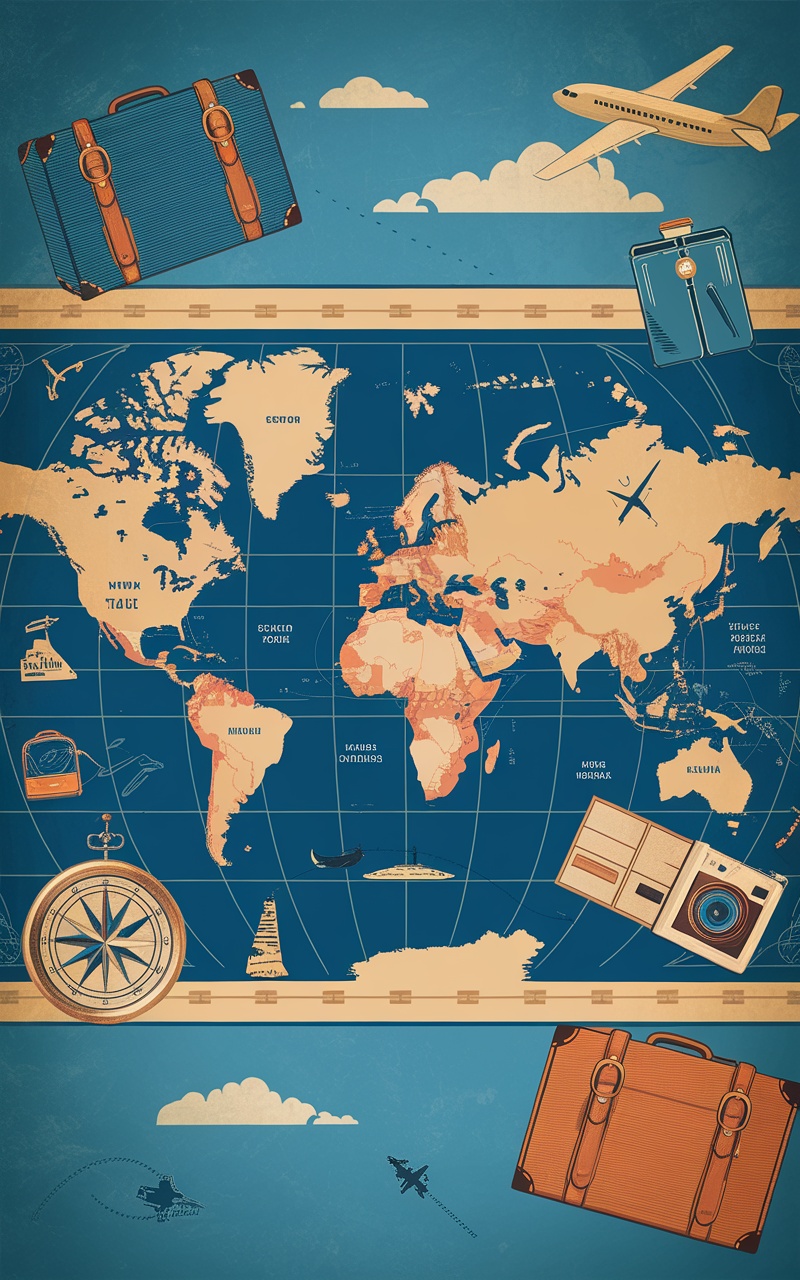 Colorful vintage travel aesthetic wallpaper featuring suitcases and a world map.