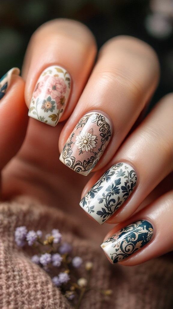 Nail art inspired by vintage wallpaper motifs featuring floral designs and intricate patterns.