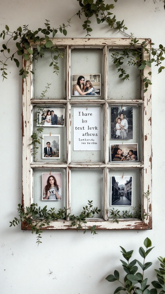 A vintage window frame with photographs and greenery, showcasing eclectic decor.