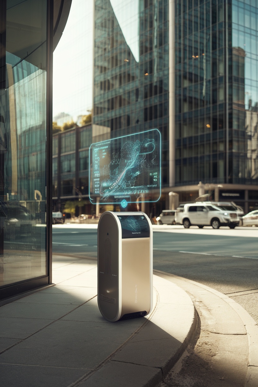 A sleek virtual companion device displaying a holographic map and information in an urban setting.