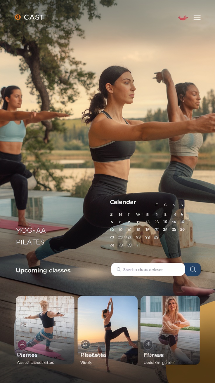 Screenshot of a virtual fitness classes platform featuring yoga and Pilates sessions outdoors.