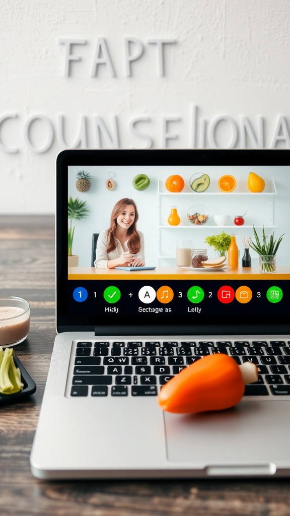 A laptop displaying a nutritionist and healthy foods, symbolizing virtual nutrition counseling.