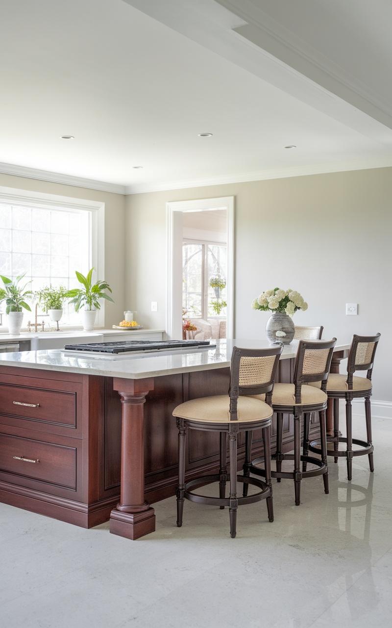 Warm cherry wood kitchen island with light countertop and stools.