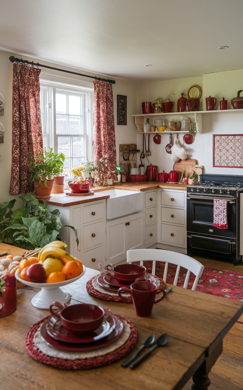 A warm kitchen featuring dark cherry red accents in the decor and tableware.