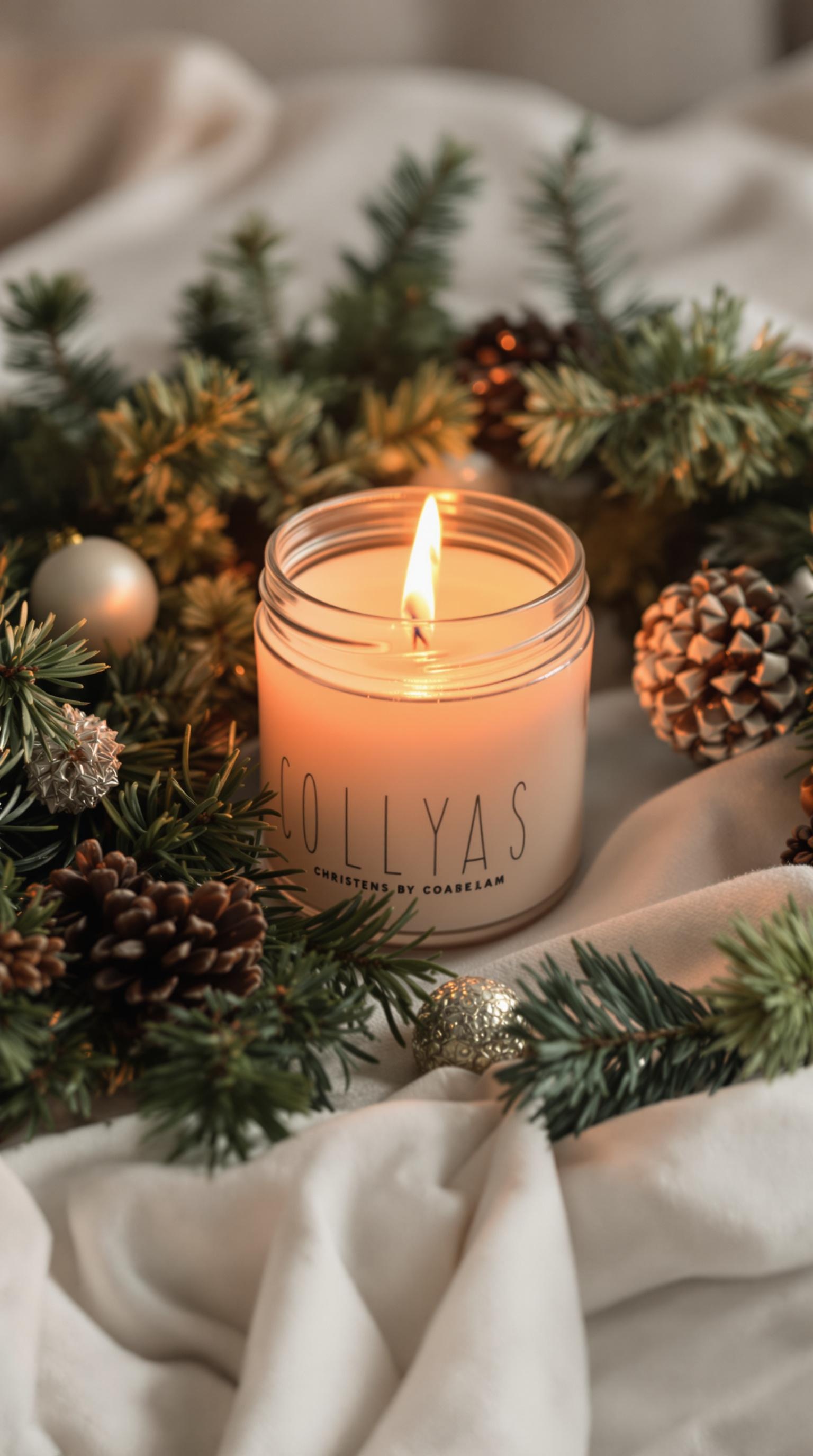 A lit candle surrounded by greenery and festive decorations.