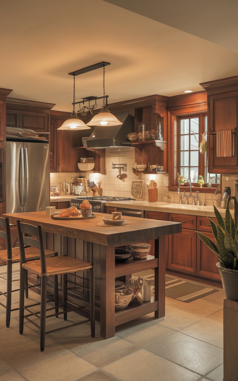 Cozy kitchen with dark cherry cabinetry and warm lighting