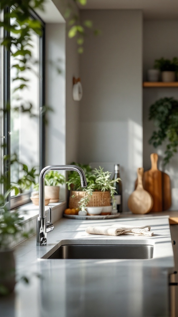 A modern kitchen featuring a sleek water-saving faucet, plants, and large windows.