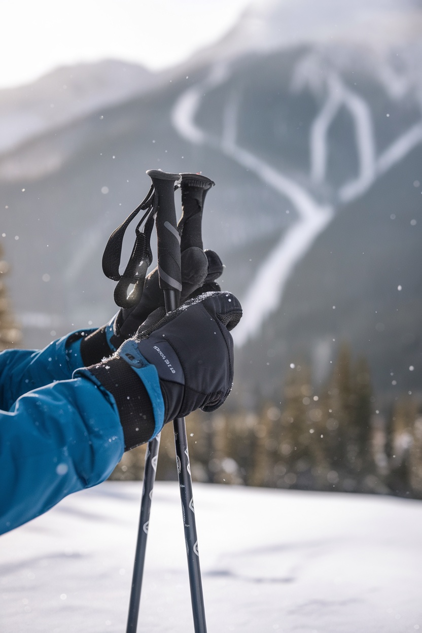 Close-up of waterproof gloves holding ski poles in a snowy mountain setting.